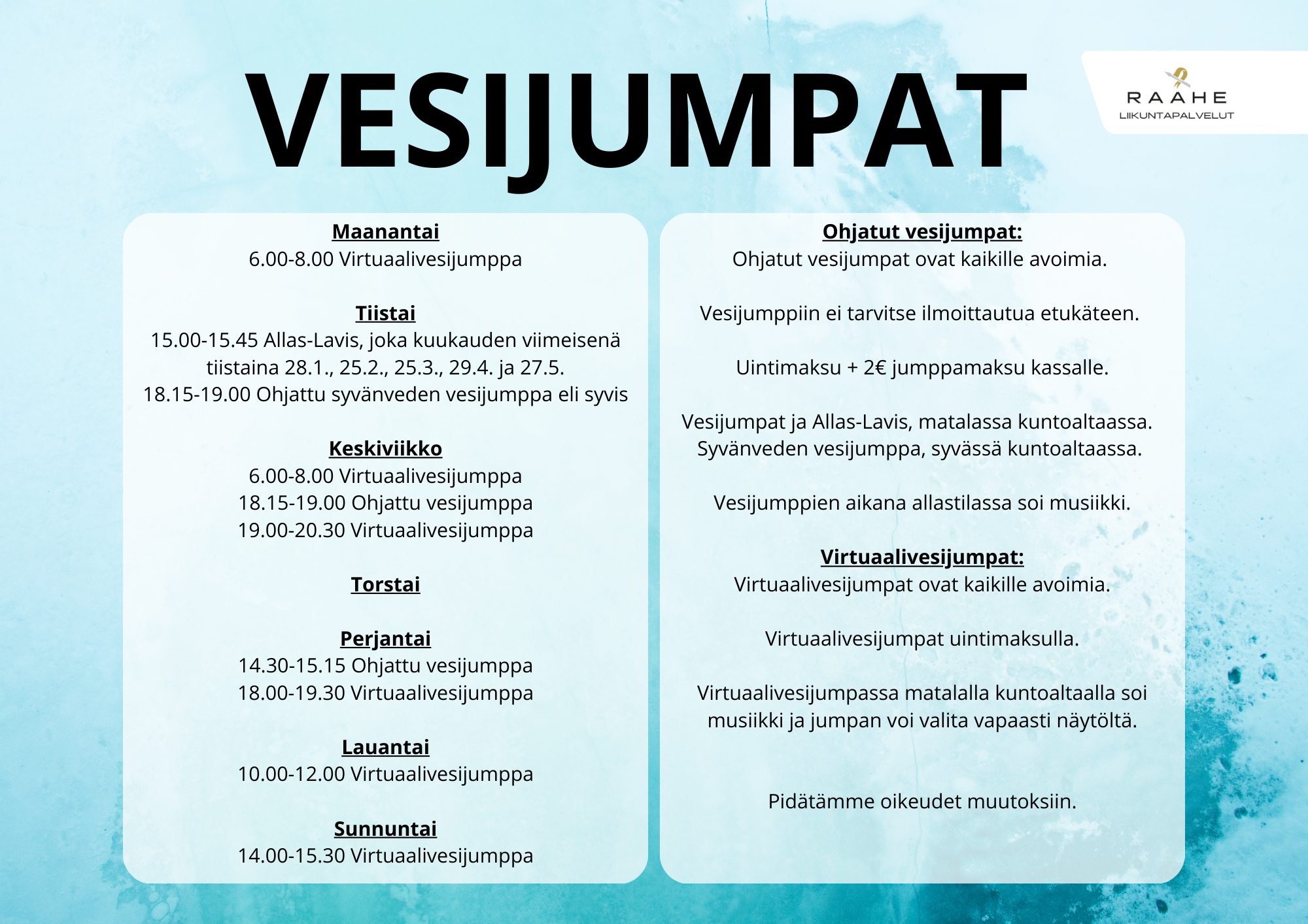 Vesijumpat 7.1.2025 alkaen